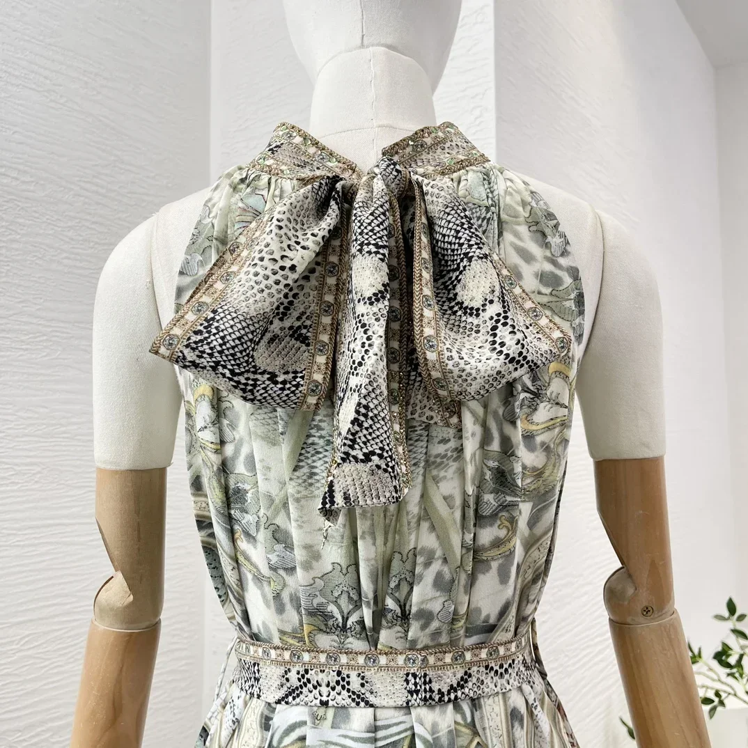 2024 New High Quality Silk Palace Style Floral Printing Turtleneck Lace-up Sleeveless Diamonds Women Midi Dress for Holiday