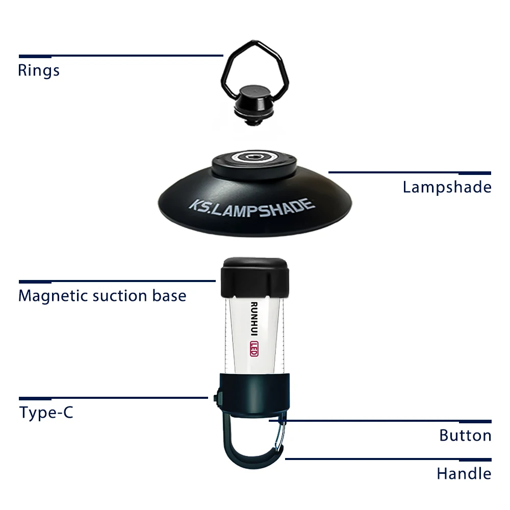 ML4 Zewnętrzna latarnia kempingowa LED Camping Lampa kempingowa z możliwością ładowania przez USB, bezpłatny statyw, podstawa magnetyczna, 2 abażury