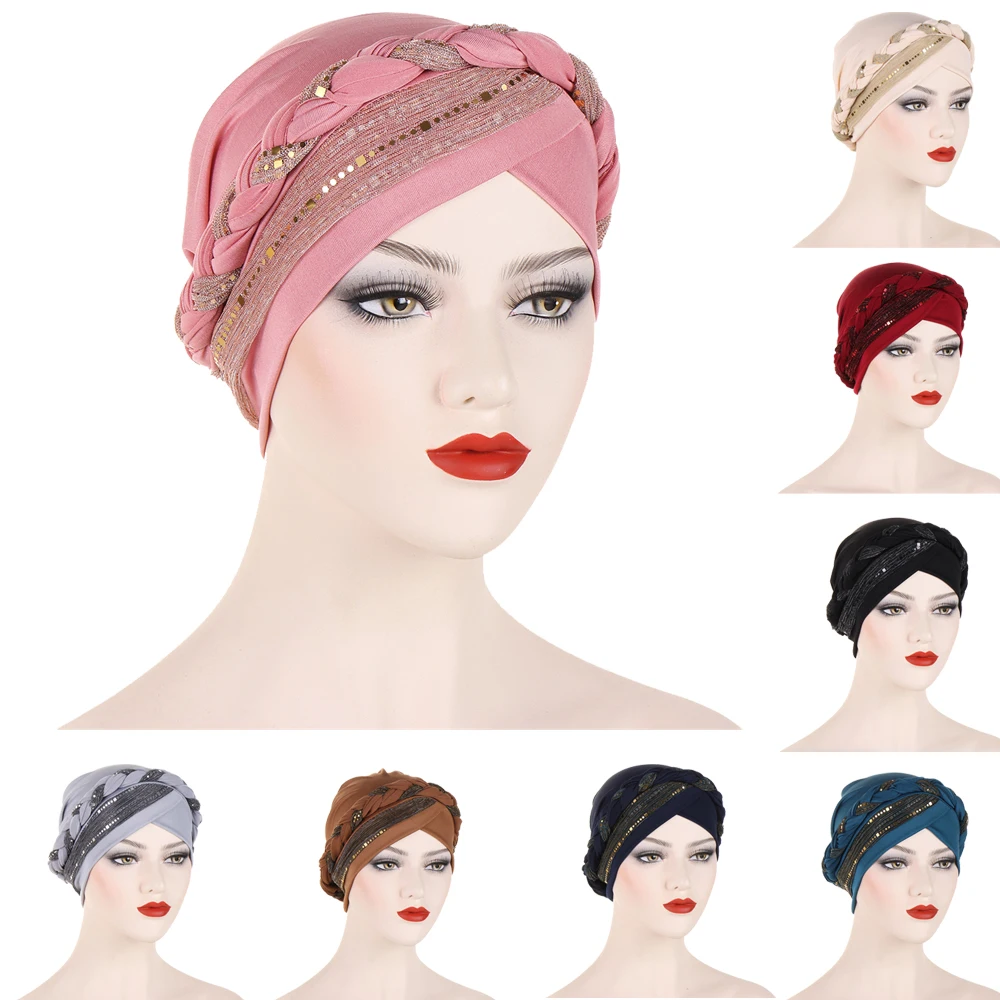 Mulheres Testa Cruz Lantejoulas Turbante, Chapéu Trança Muçulmana, Boné Chemo, Gorro Bonnet, Queda de Cabelo Lenço, Lenço Cabeça