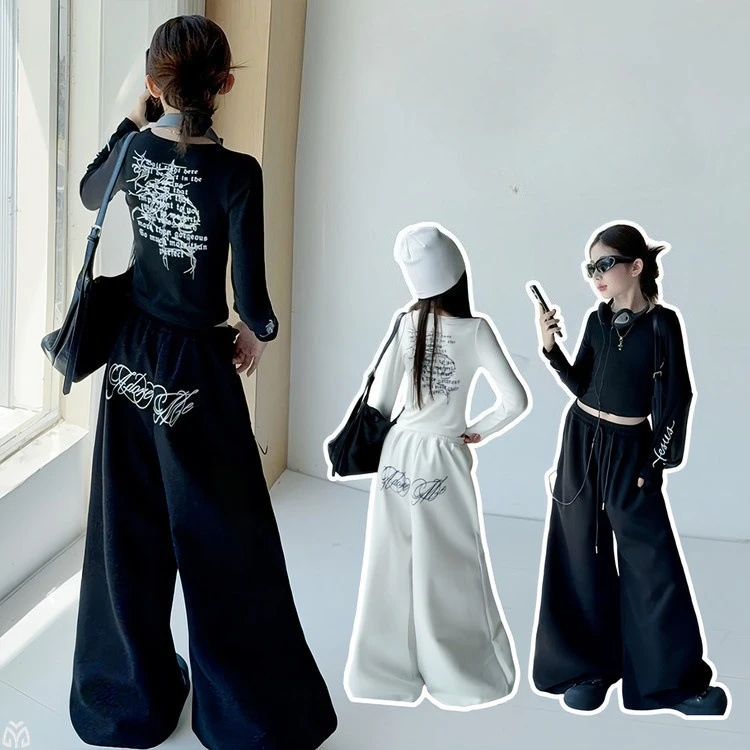 4-14 teen girl casual sports clothes set letter printed hoodie wide leg pants y2k junior kid 2pcs clothing suit children outfits