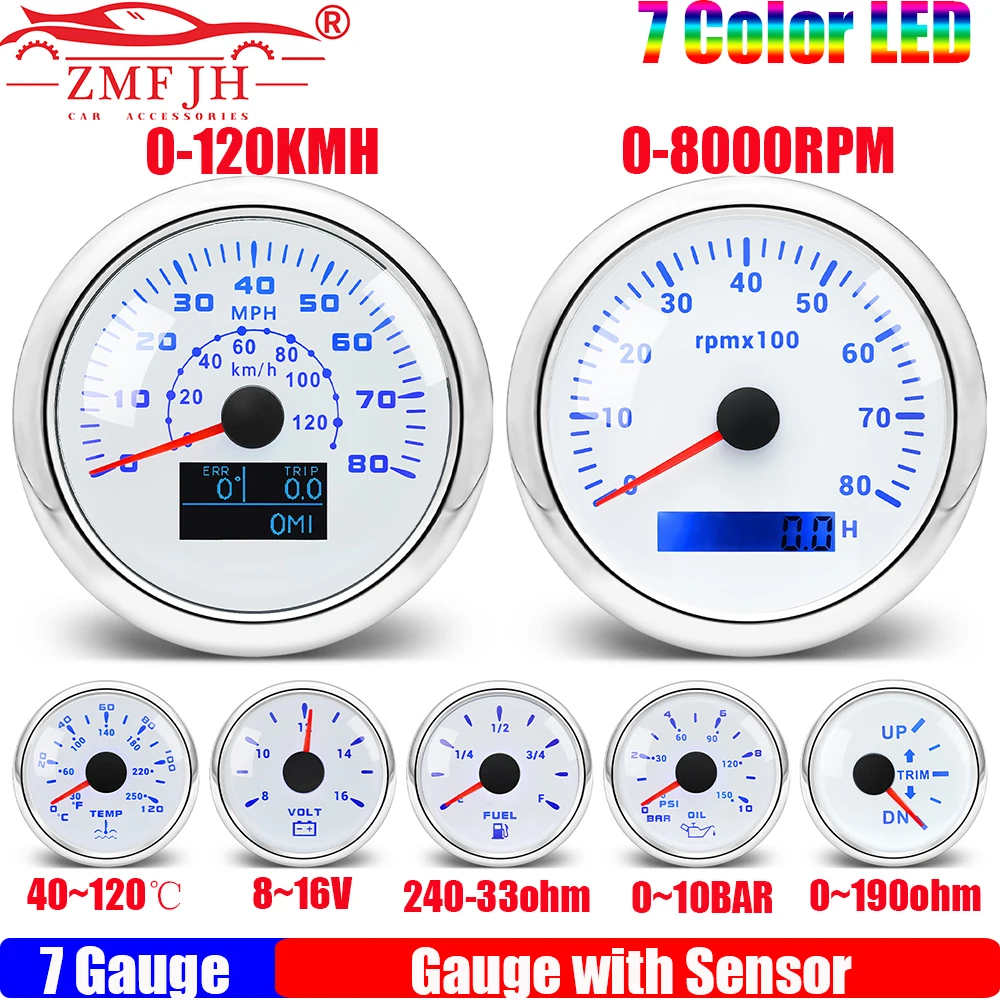 7 Gauge Set With Sensor 7 Color LED 120KMH GPS Speedometer Tachometer 8000RPM Water Temp Oil Press Fuel Level Gauge Trim Voltage