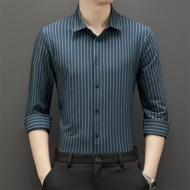 Camisa elástica de cuatro lados sin arrugas para hombre, camisa de manga larga, ropa de seda informal de negocios formal, hierro gratis, primavera y