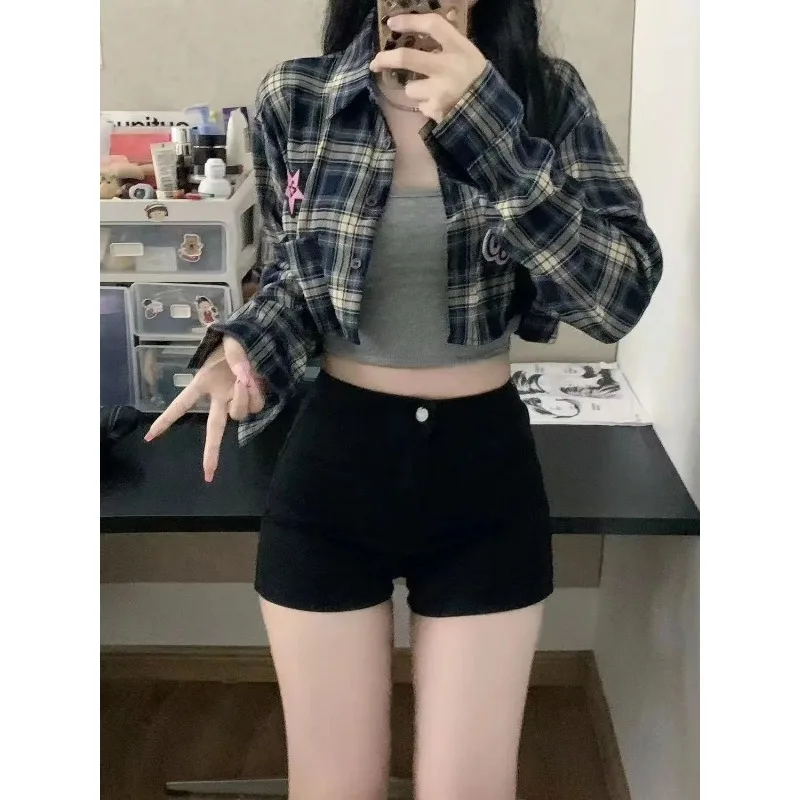 

QWEEK Harajuku Plaid Cropped Shirt Women Korean Style KPOP Vintage Short Blouse Loose Youthful Streetwear Long Sleeve Clothing