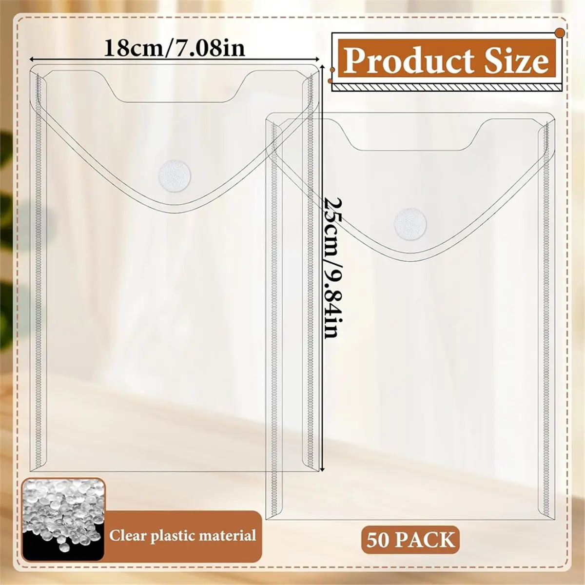 2026 New 50Pack 7x9.8''Clear Plastic Envelopes Hook Loop Closure Receipt Stickers Storage Holder Reusable Small Plastic Envelope
