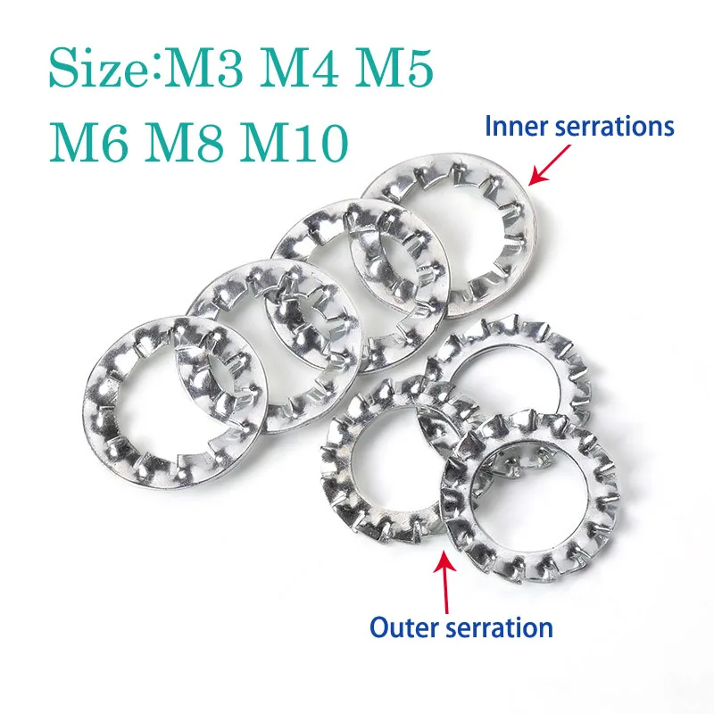 100-1000pcs Internal Toothed Washer External Teeth Lock Washers Carbon Steel Galvanized Anti-Skid Gasket M3 M4 M5 M6 M8 M10 M12