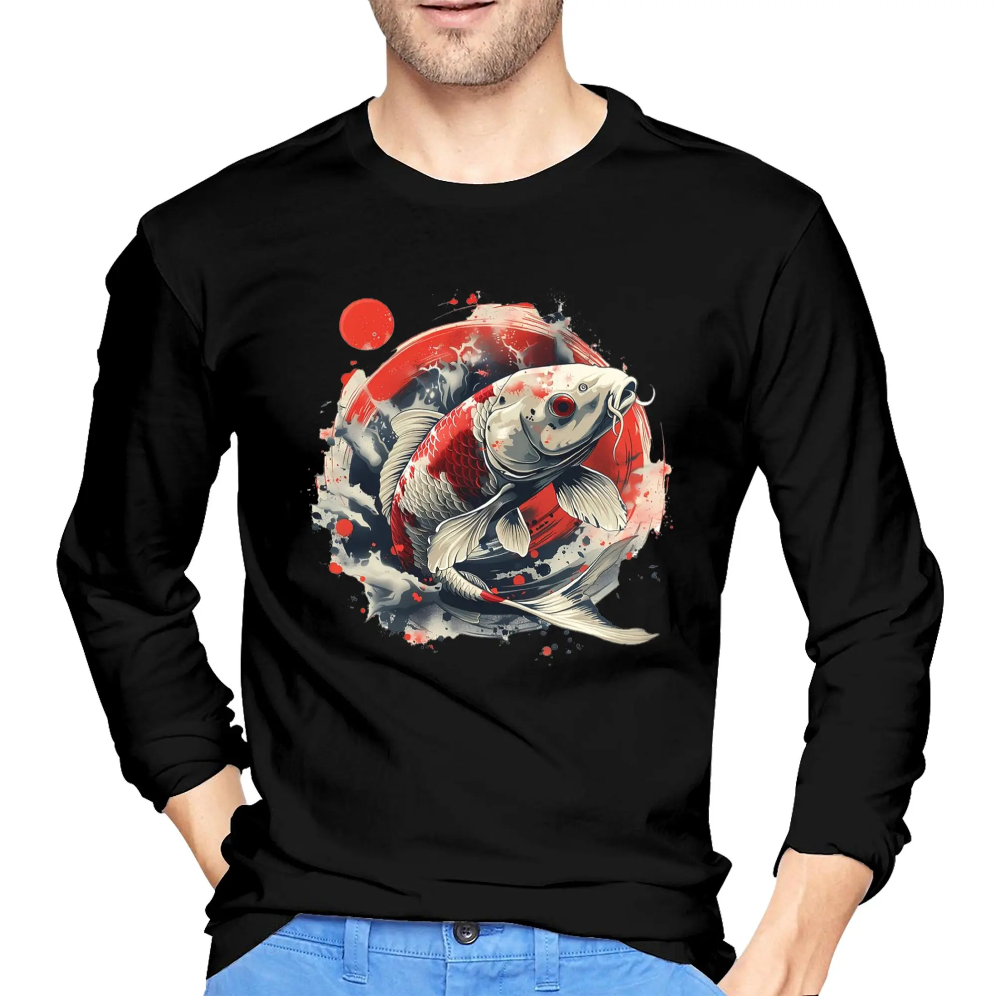 

Koi Rising Men's Long Sleeved T-shirt Casual Round Neck T shirts Spring and Autumn Men tops