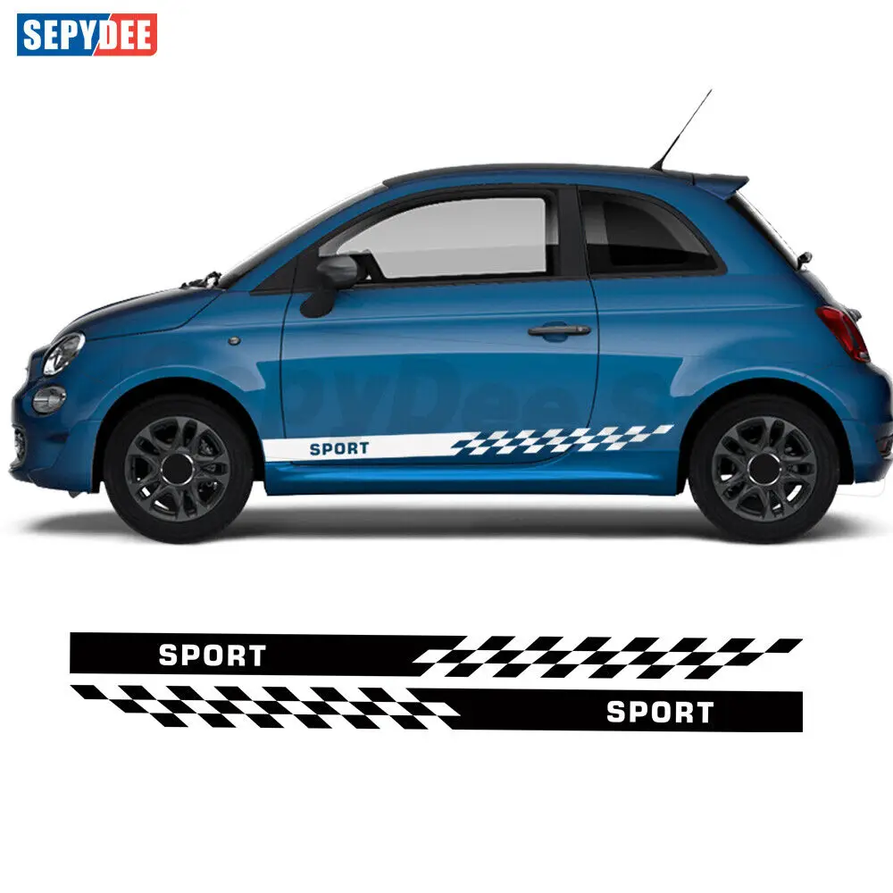 

2 шт. для Fiat 500 500C автомобильные наклейки в боковую полоску спортивная клетчатая графическая рокерная панель виниловая наклейка