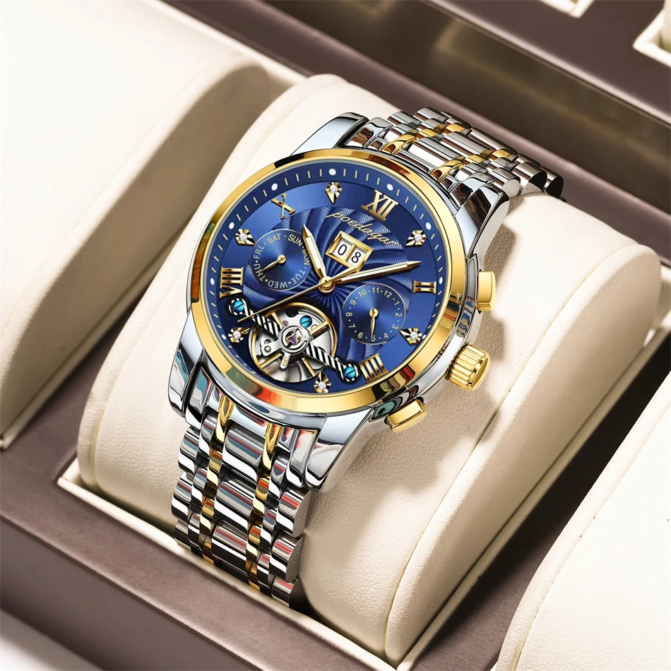 

POEDAGAR Flywheel Automatic Watch for Men Calendar Display Waterproof Stainless steel High Quality Mechanical Men's Wristwatch