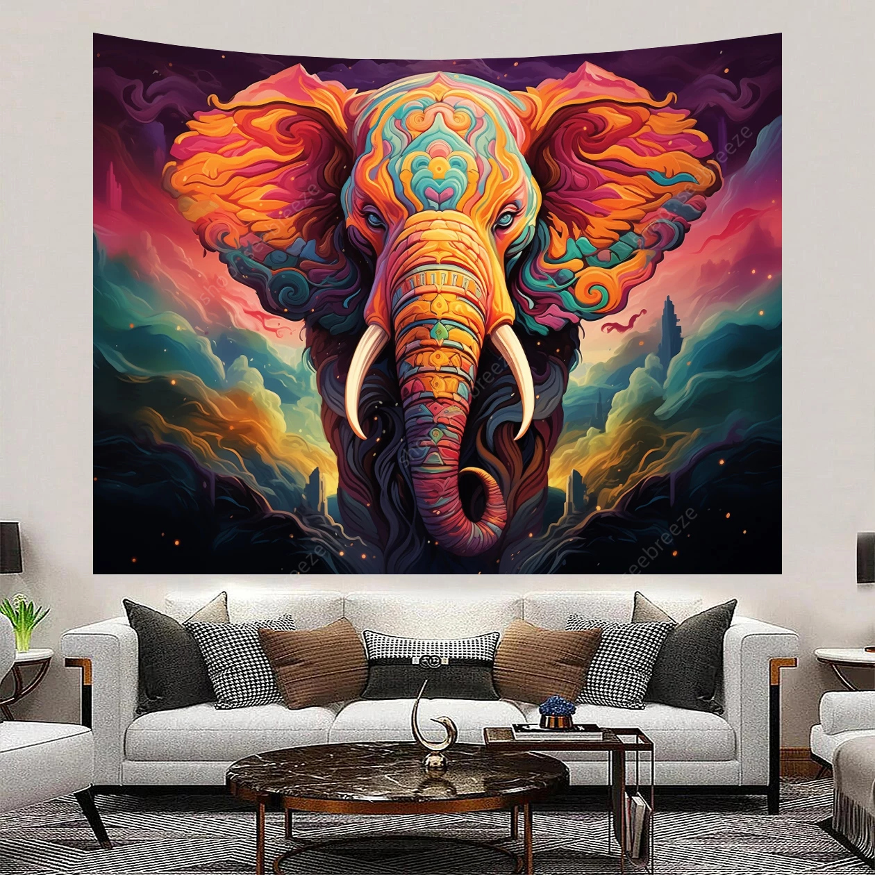 Trippy Elephant Tapestry Boho Watercolor Elephant Wall Tapestry Aesthetic Colorful Cloud Poster Spiritual Meditation Tapestries