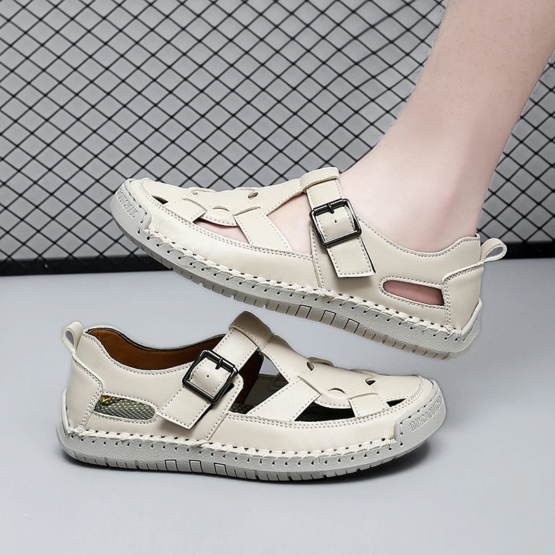 Sandalias de Mujer, Zapatos de verano hechos a mano, costura a la moda, cuero genuino, punta cubierta, Zapatos informales suaves para caminar, Plataforma para Mujer