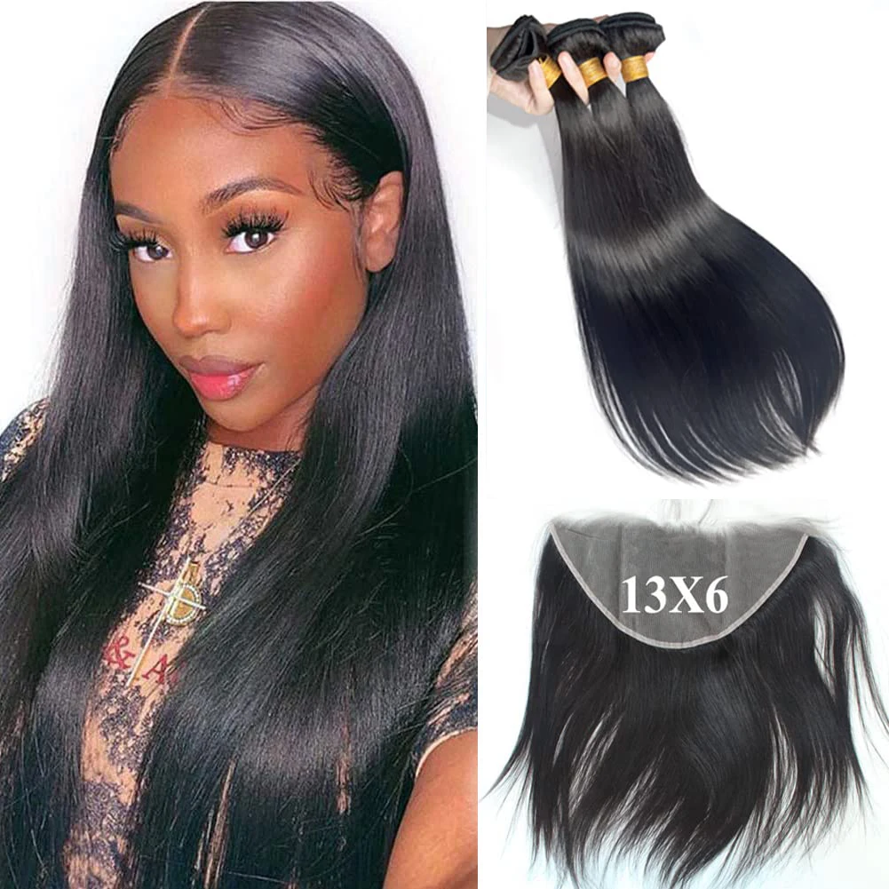 Ulrica Frontal 13x6 Hd Lace Closure With Bundles Human Hair Brazilian Straight Hair 3 Bundles With 13x6 Frontal Natural Color