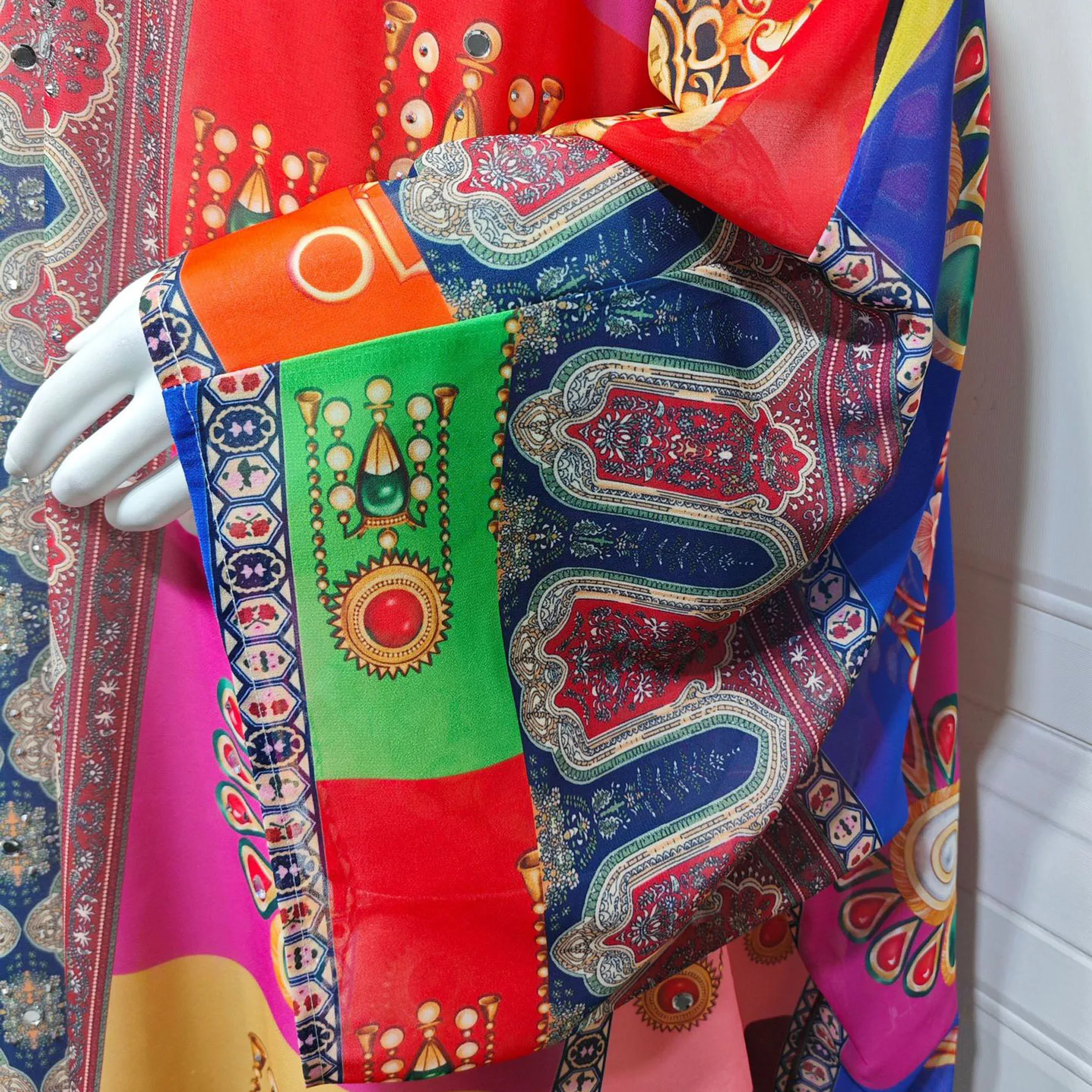 Abaya caftano africano in chiffon stampato per donna, festa serale in stile etnico hotfix con strass, caftano Ramadan Eid, abito arabo islamico