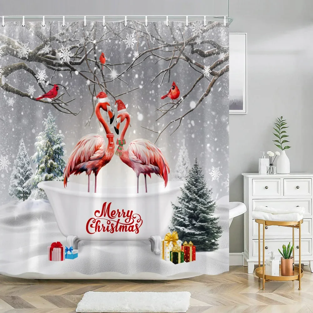 Funny Christmas Animals Shower Curtain Cute Puppy Dinosaur With Christmas Hat Flamingo Fabric Home Bath Curtains Bathroom Decor