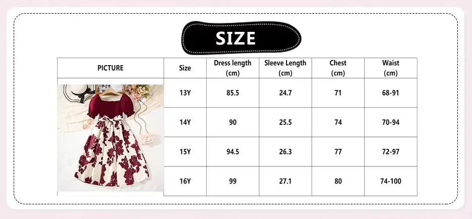 Sommerkleid für Mädchen 13-16 Jahre, Blumenmuster, Quadratischer Ausschnitt, Puffärmel, Gerafftes Oberteil, Schleifenknoten an der Taille, A-Linie, Swing-Midi-Kleid für Teenager – Detail 1