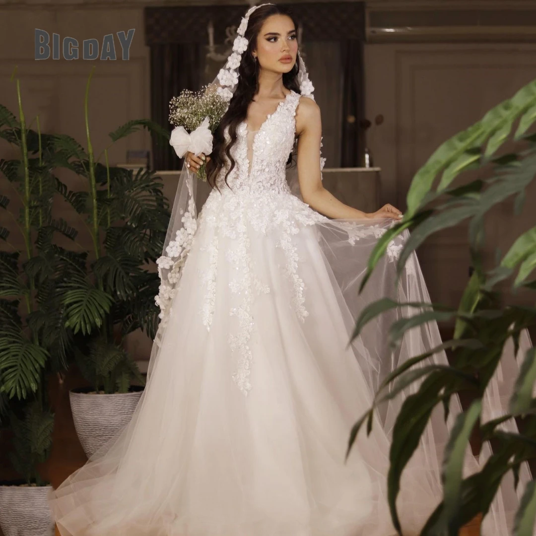 Exquisite Wedding Dress For Woman 2024 V-Neck A-Line Spahghetti Straps Sleeveless Lace Appliques Bride Gowns Vestido de Customed