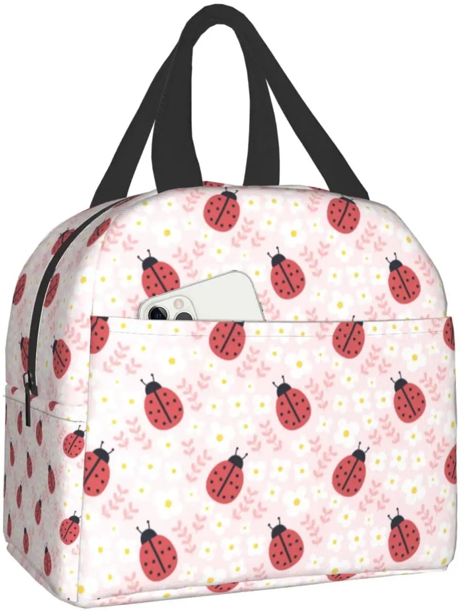 Ladybugs and flowers Lunch Box Bento Box Insulated Lunch Boxes Reusable Waterproof Lunch Bag With Front Pocket For Picnic Hiking