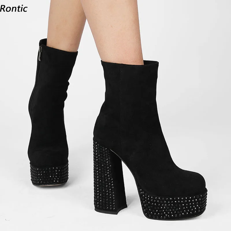 Rontic 2022 Fashion Women Ankle Boots Waterproof Sexy Rhinestone Chunky Heels Square Toe Elegant Black Party Shoes US Size 4-13