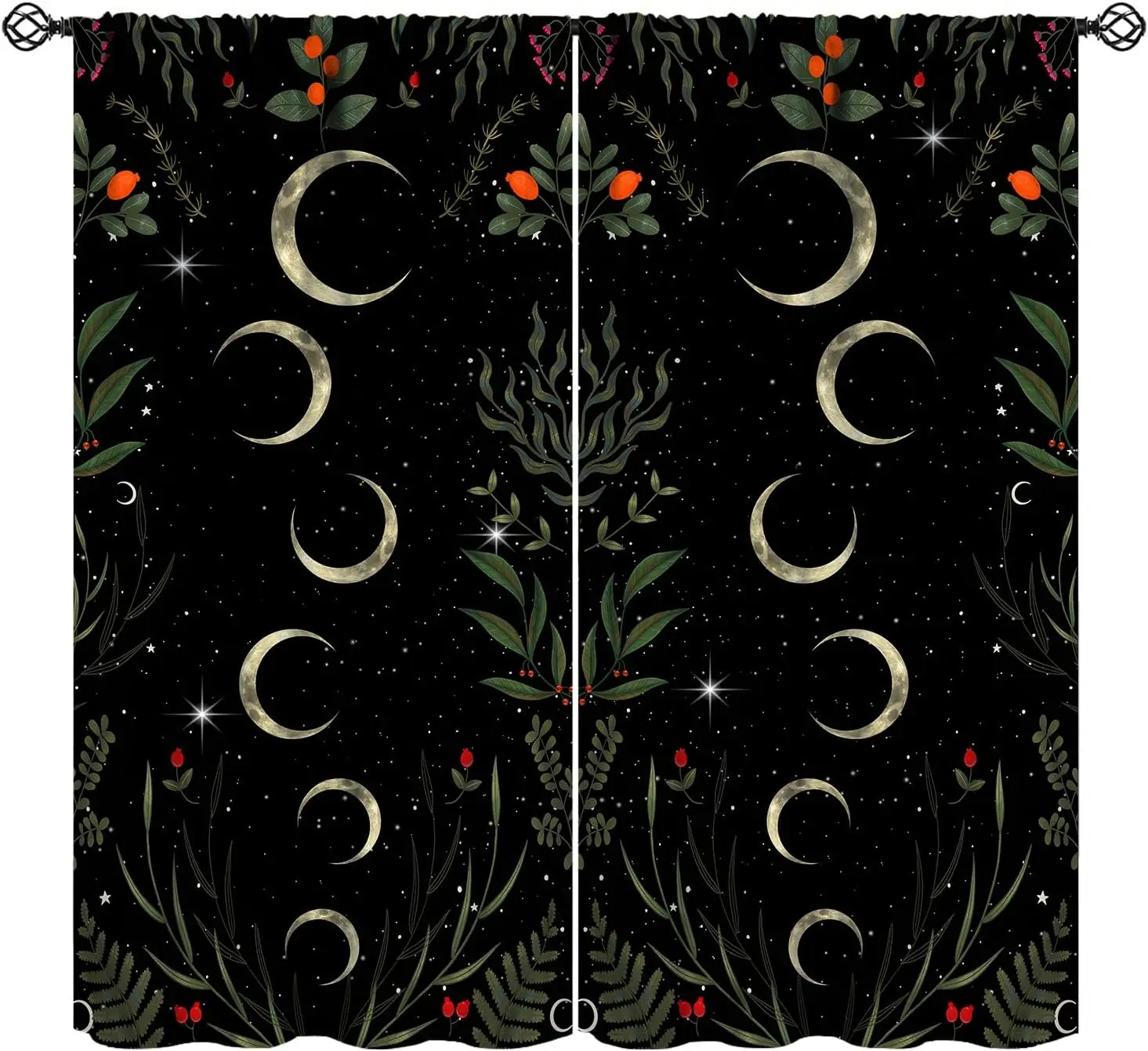 Vintage Lunar Vine Theme Curtain 2 Panels Green Foliage Red Fruit Twinkle Star Dark Base Living Boho Floral Home Curtains