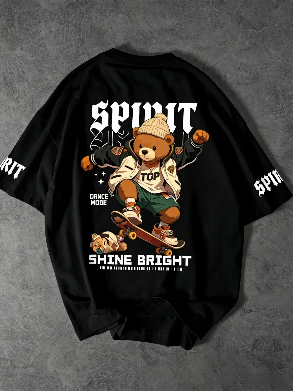 Summer American Men's Skateboarding Bear Letter Printed Micro Elastic Breathable Round Neck T-shirt Outdoor Urban Street Top