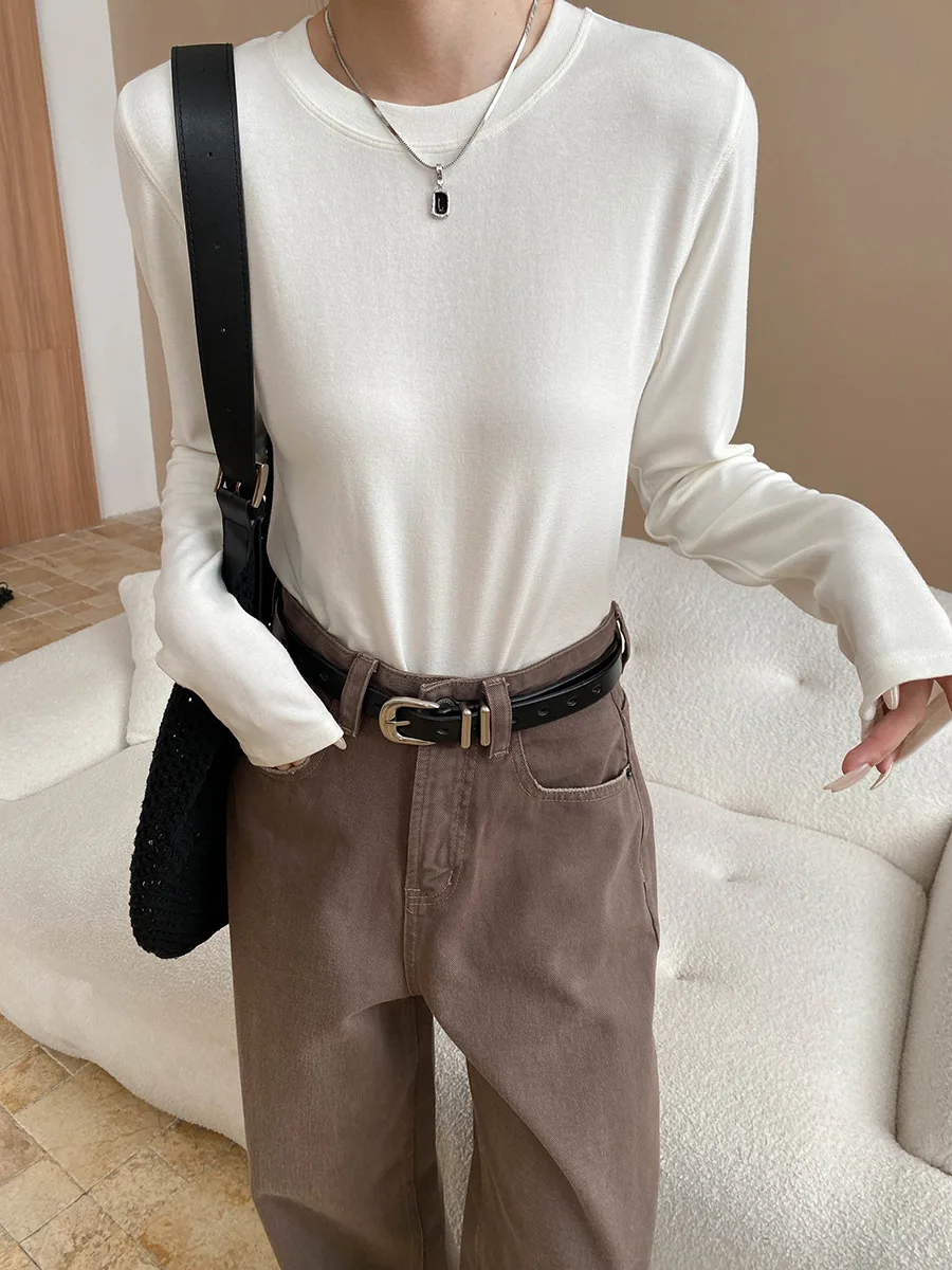 

2025 Spring And Autumn Simple And Versatile Solid Color Round Neck Pullover Top Shoulder Slimming Bottom Long Sleeve T-shirt