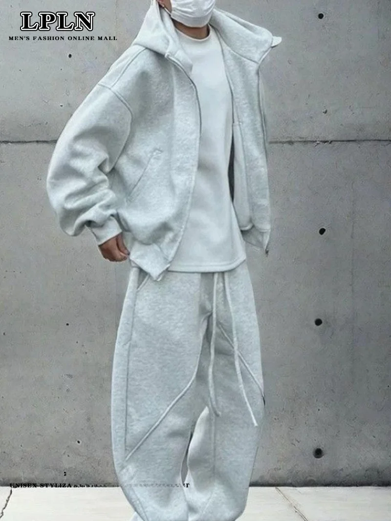 

LPLN Lazy Sle Casual Sports Set Men's Autumn Winter Versatile Hooded Jaet Wide Leg Sweatpants Two Piece Set Teenage Cotto...