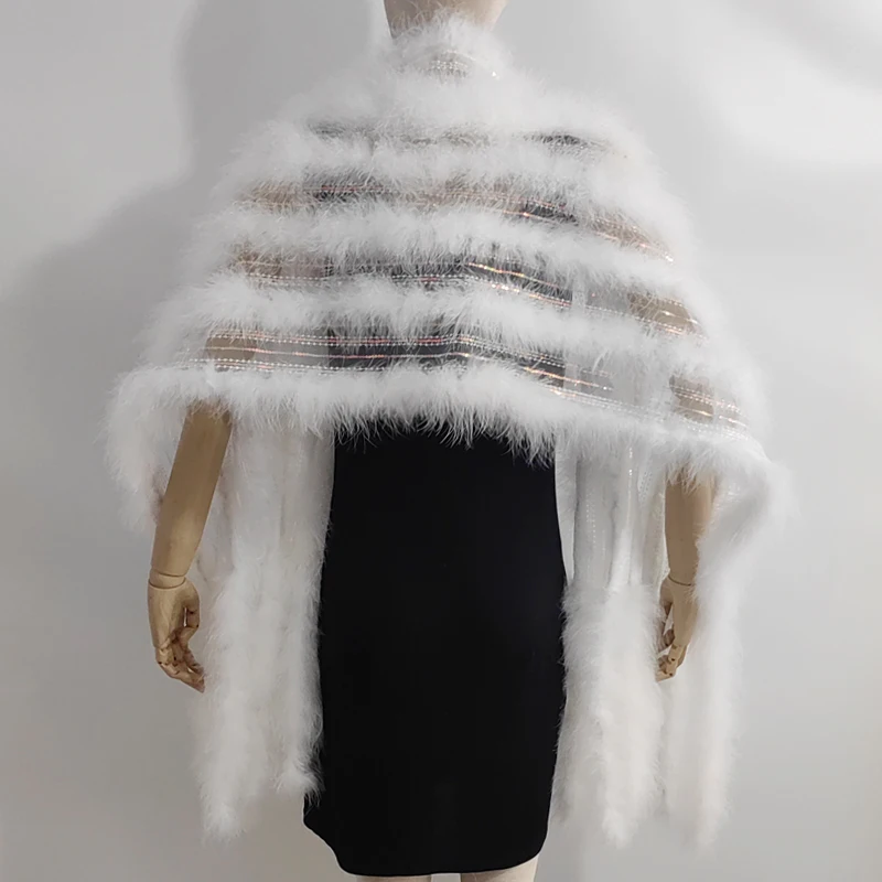 New white real fire chicken feather women's shawl, evening dress, luxurious jacket with transparent sequin design 50 * 200cm