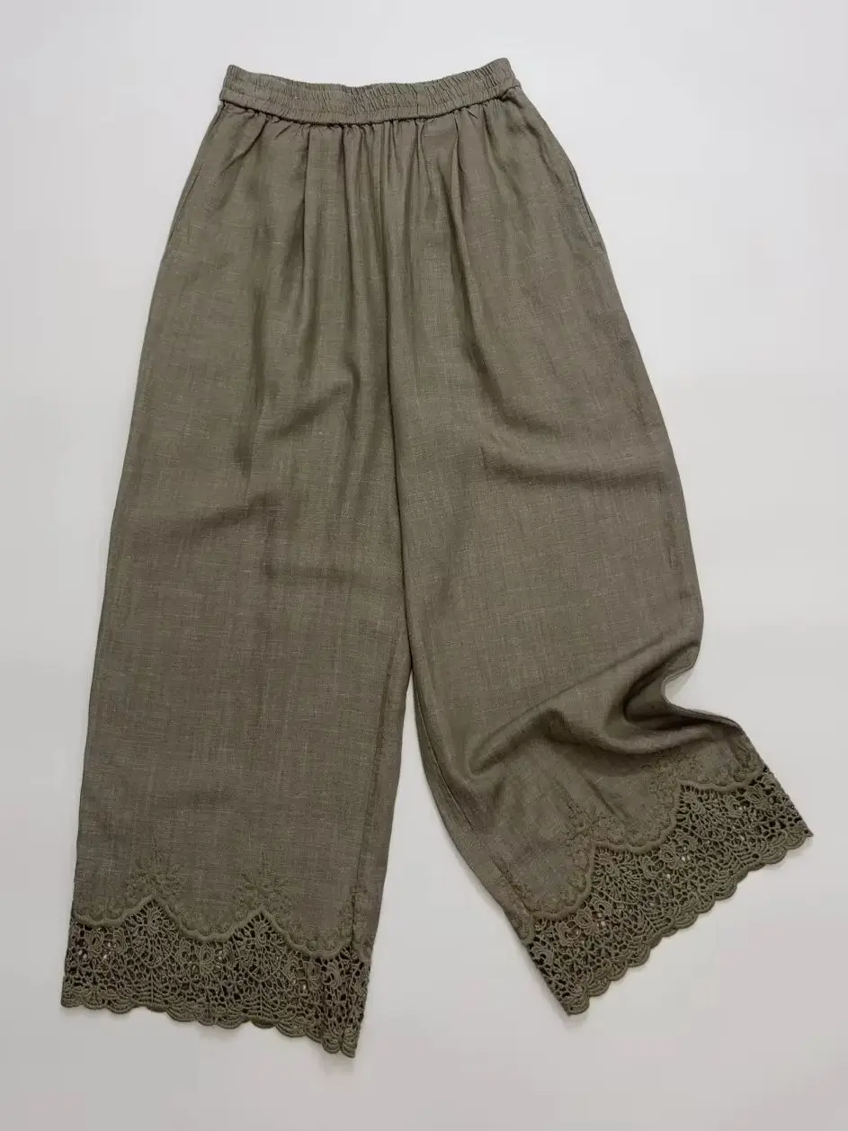Women Embroidery Hollow Out Wide Leg Pants Elastic Waist Loose Female Linen Blend Trousers