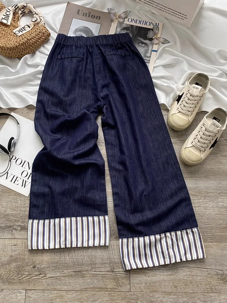 Pantalones vaqueros de pierna ancha de cintura alta para mujer, pantalón informal con cierre de cremallera, diseño de dobladillo a rayas de mezclilla azul, pantalones largos rectos adelgazantes