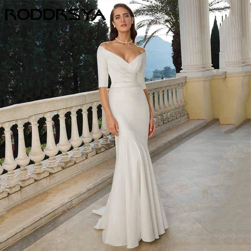 RODDRSYA Simple Satin Half-Sleeve Mermaid Wedding Dress Elegant V-Neck Off the Shoulder Trouwjurk Retro Zipper Back Bride Party