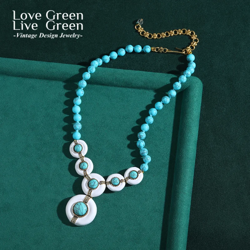 

Vintage Turquoise Necklace Natural Stone For Woman Pendant Statement Luxury Designer Jewelry Summer Accessories Beach 57cm 2025
