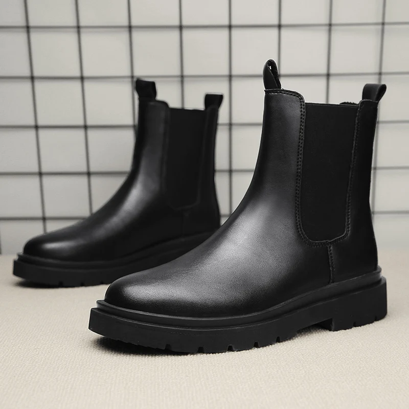 

Boots Men's Casual Leather Biker Boot High Top Slip-on Popular Trendy All-match Street Fashion Waterproof Anti-wear Shoe