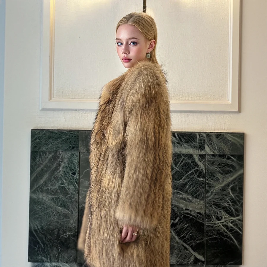 Lange Stil Waschbären Pelz Jacke Natürliche Waschbären Pelz Jacke Mantel Mit Runde Kragen Echt Pelzmantel Mode Damen Winter Herbst Mantel