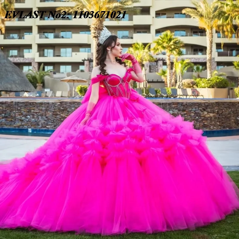 

EVLAST Customized 2026 Hot Pink Quinceanera Dress Ball Gown Lace Applique Ruffles Beading Bow Sweet 16 Vestidos De 15 Anos E2Q01