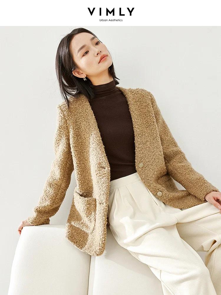 

VIMLY Elegant V-neck Jacket Long Sleeve Quilted Jackets Female 2025 Autumn Straight Loose Warm Wool Blend Coats Outerwears M5319