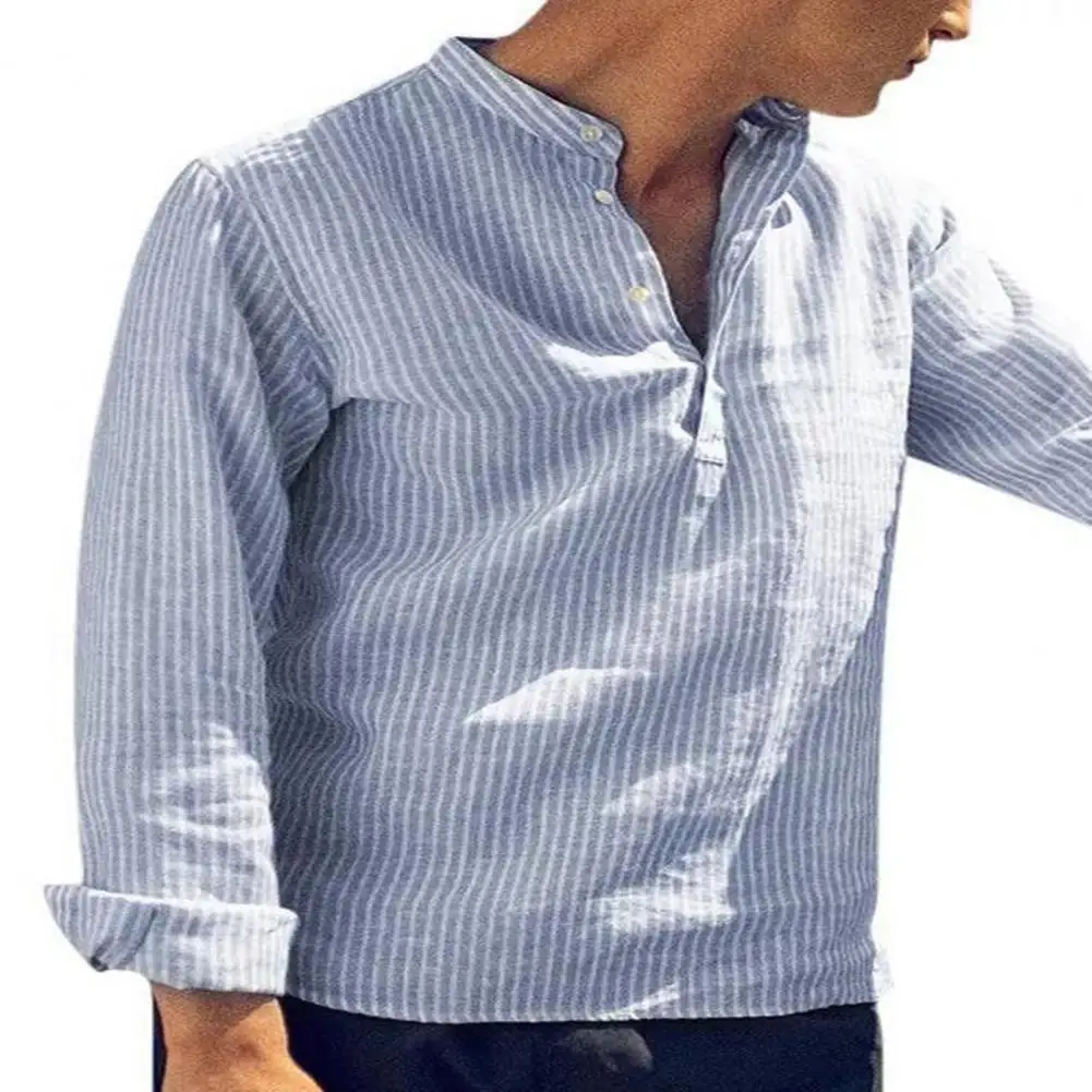 Camisa de algodón y lino para hombre, blusa informal a rayas con cuello levantado, botones suaves de manga larga, talla grande