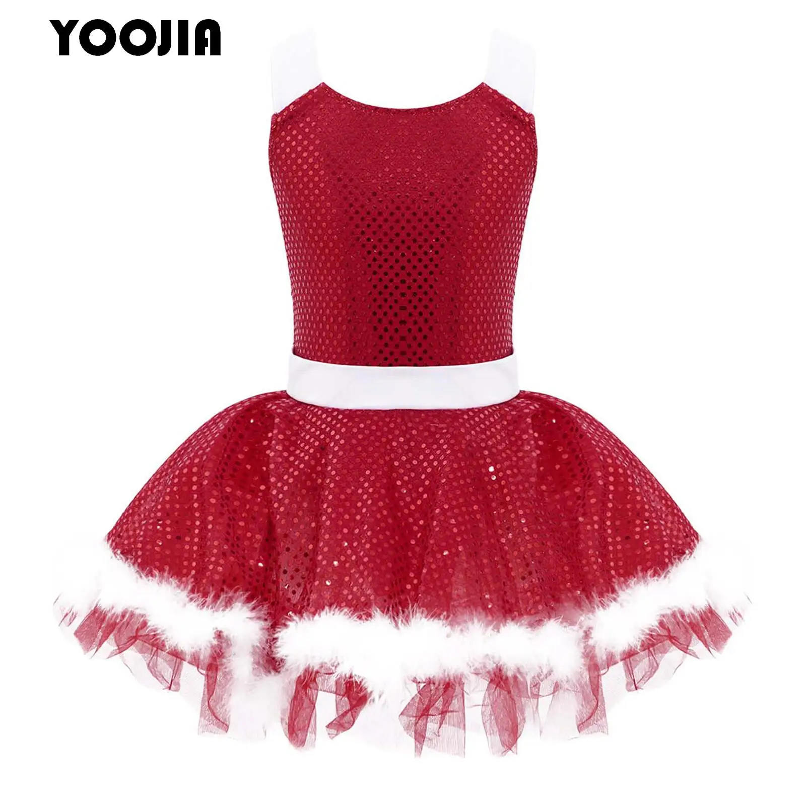 

Kids Girls Christmas Dance Costumes Sleeveless Sequins Miss Santa Claus Dress Ballet Tutu Dance Figure Skating Leotard Costumes