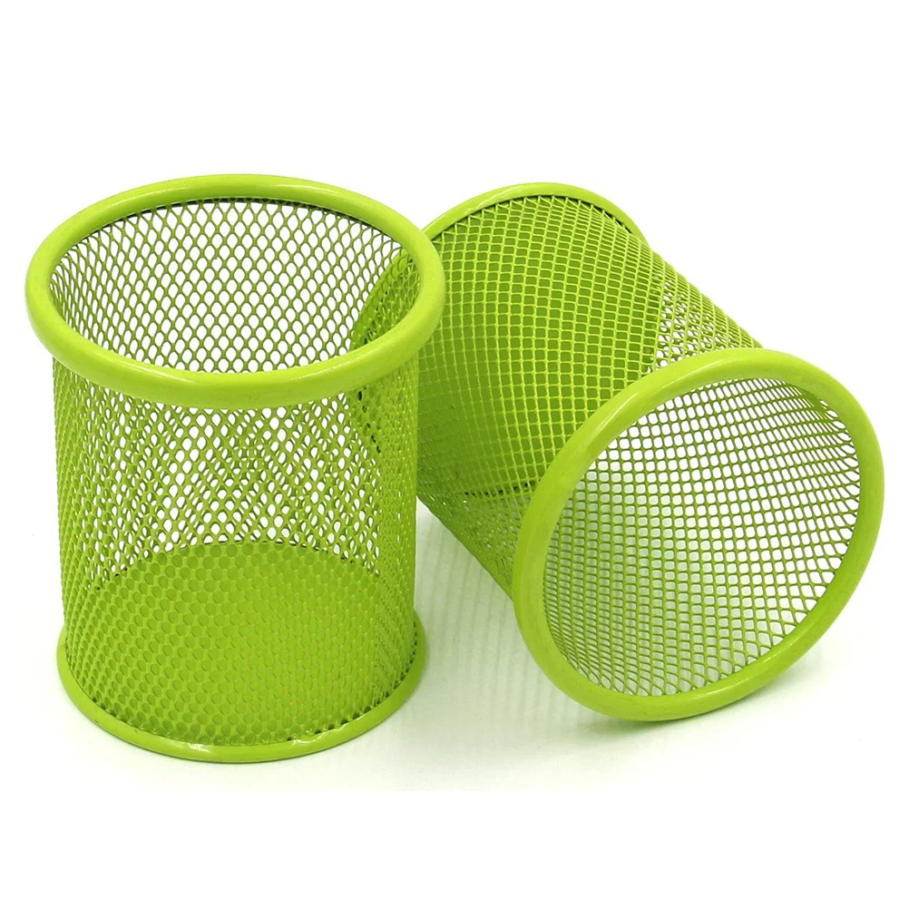 

2pcs 3.5 Inch Round Pencil Holder Mesh Steel Desktop Organizer For Office Supplies Tall Ruler Scissors Storage Cup Green