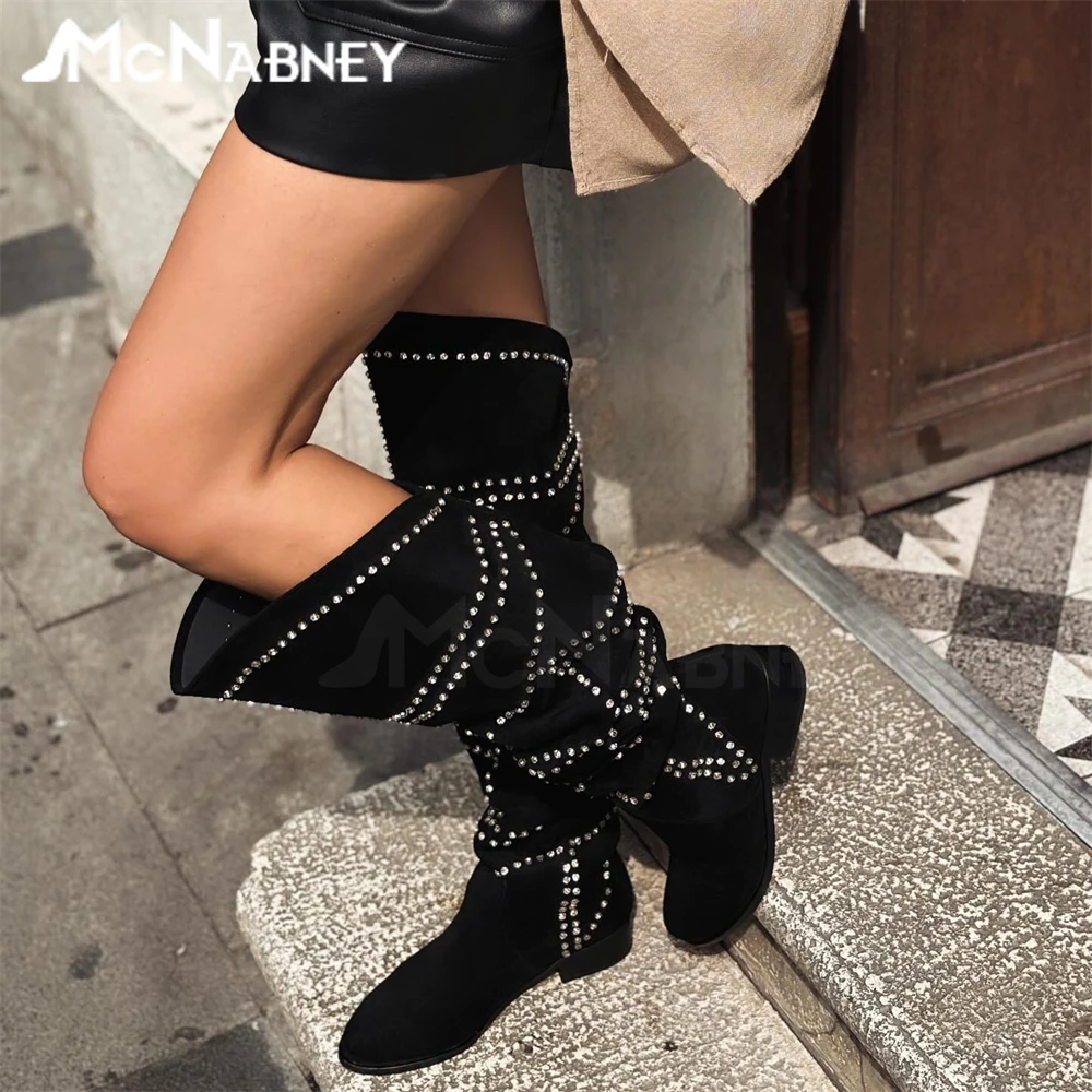 

Black Suede Pleated Knee-High Boots Luxurious Silver Rhinestone Boots Round Toe Flat Boots Fashionable Handmade Boots for Women