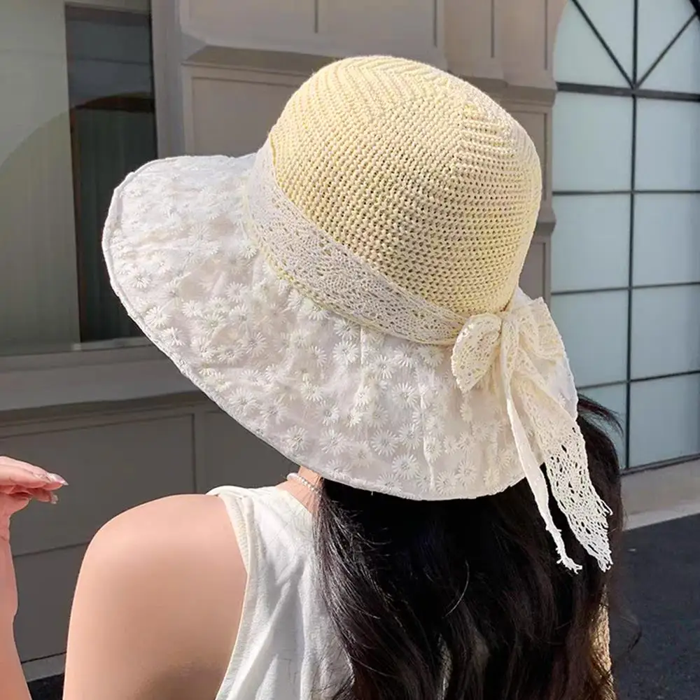 

Elegant Floral Print Wide Brim Sun Hat With Bow Decoration Breathable Straw Beach Cap For Women Summer Sun Protection Beach Hat
