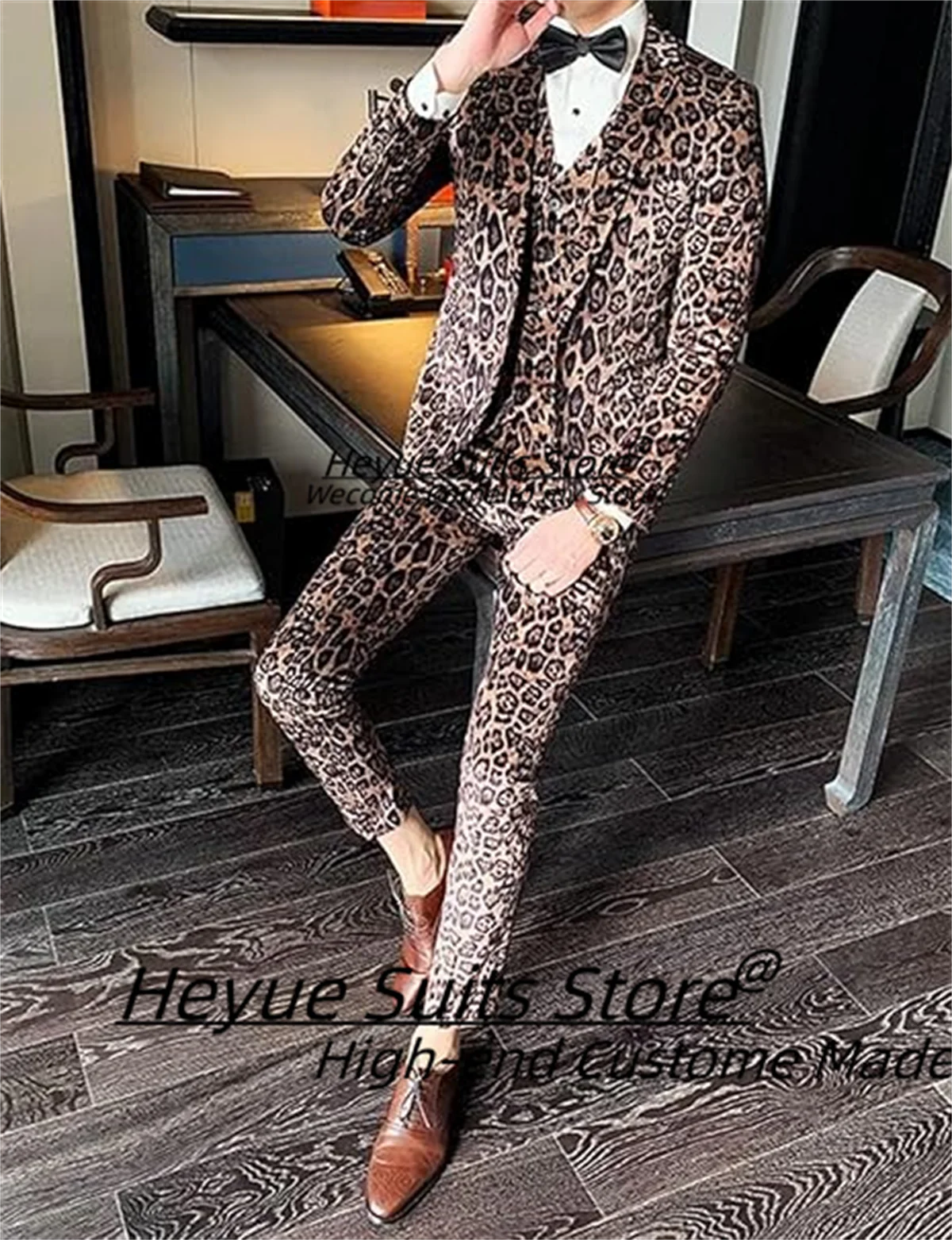 Fashion leopard print Men Suits Slim Fit Notched Lapel Groom Wedding Tuxedos 3 Pcs Sets Casual Male Blazers Classic Ropa Hombre