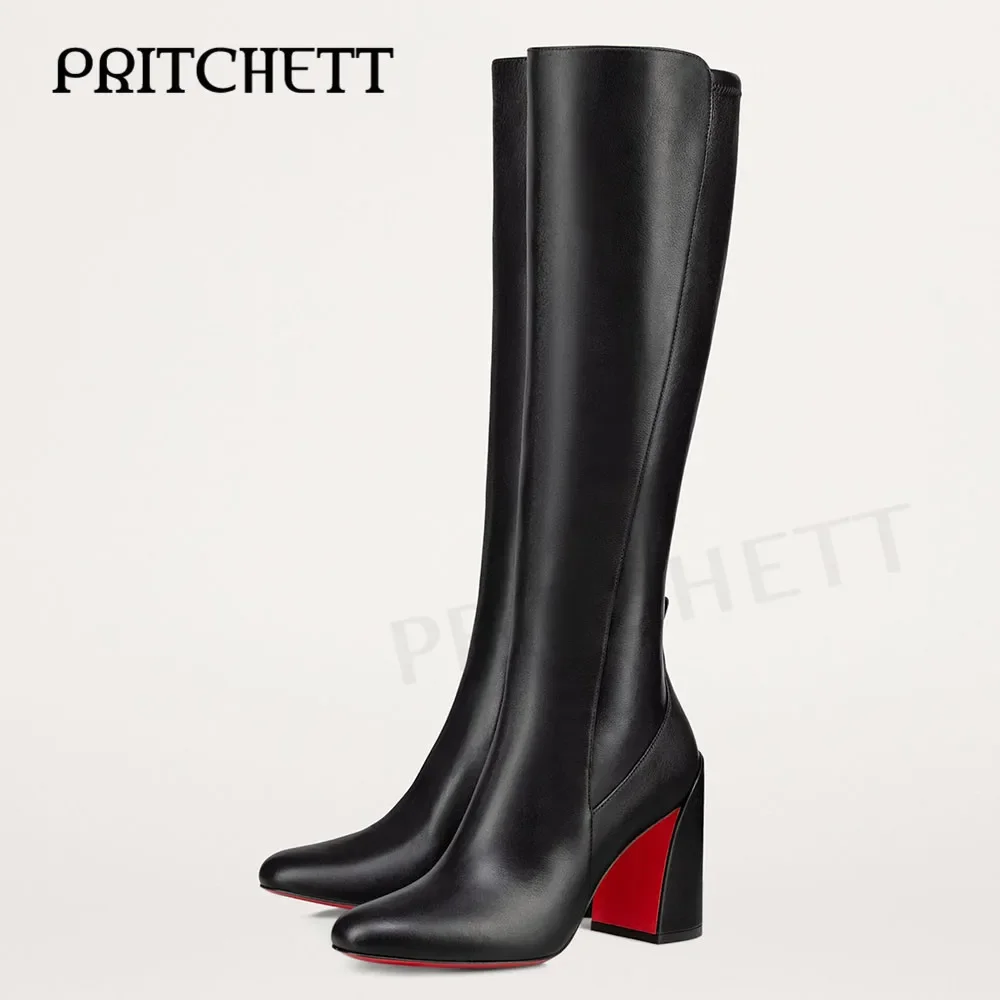 Black Solid Color Simple Knee-High Boots Rear Zipper Thick Heel Fashionable Leather Boots Personality Casual Women's Boots