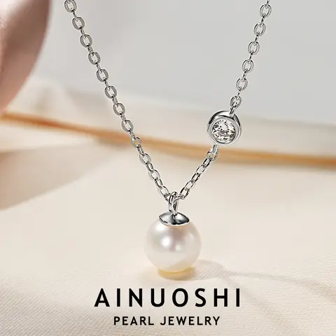 AINUOSHI 925 스털링 실버 화이트 진주 펜던트 목걸이 – 천연 담수 진주, 여성용 데일리 쥬얼리 (7-7.5mm)