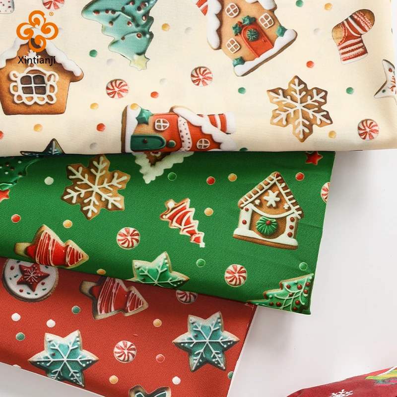 0.5m/1m/2m Christmas Fabric Cartoon Biscuits Print Holiday Decoration Snowflake Holly Leaf Pattern DIY Sewing Bag Tablecloth