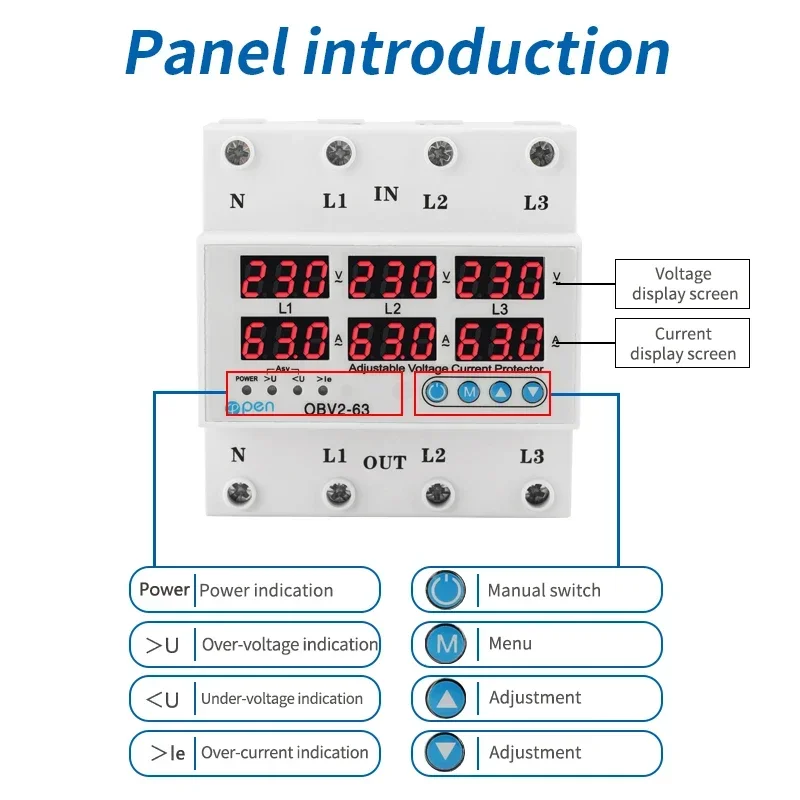 63A three phase Voltage Current Relay Protector Over Under Voltage Relay Adjustable Over and Under Voltage Protector