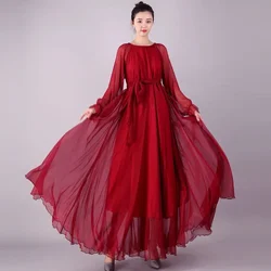 Elegant Chiffon Long Dress 2024 Spring/Summer New Long Sleeve Seaside Vacation Beach Dress Solid Color Elegant Ladies Vestidos