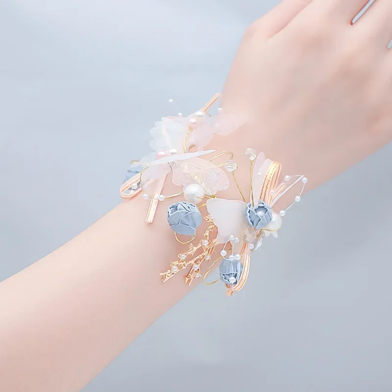 Wedding Pearl Crystal Wrist Flower Corsage Bridesmaid Hand Flowers Bracelet Bridal Marriage Prom Party Jewelry Accessories Gift