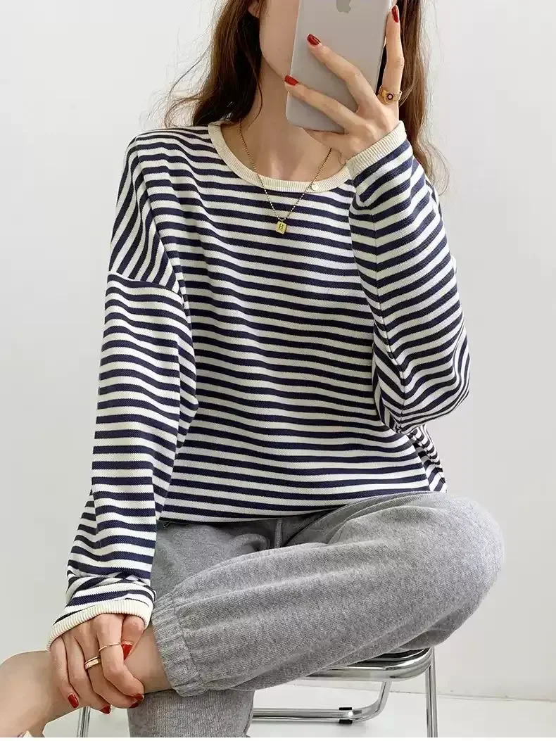 2023 spring and autumn new Korean version casual lazy style pullover striped sweater women\'s loose top coat