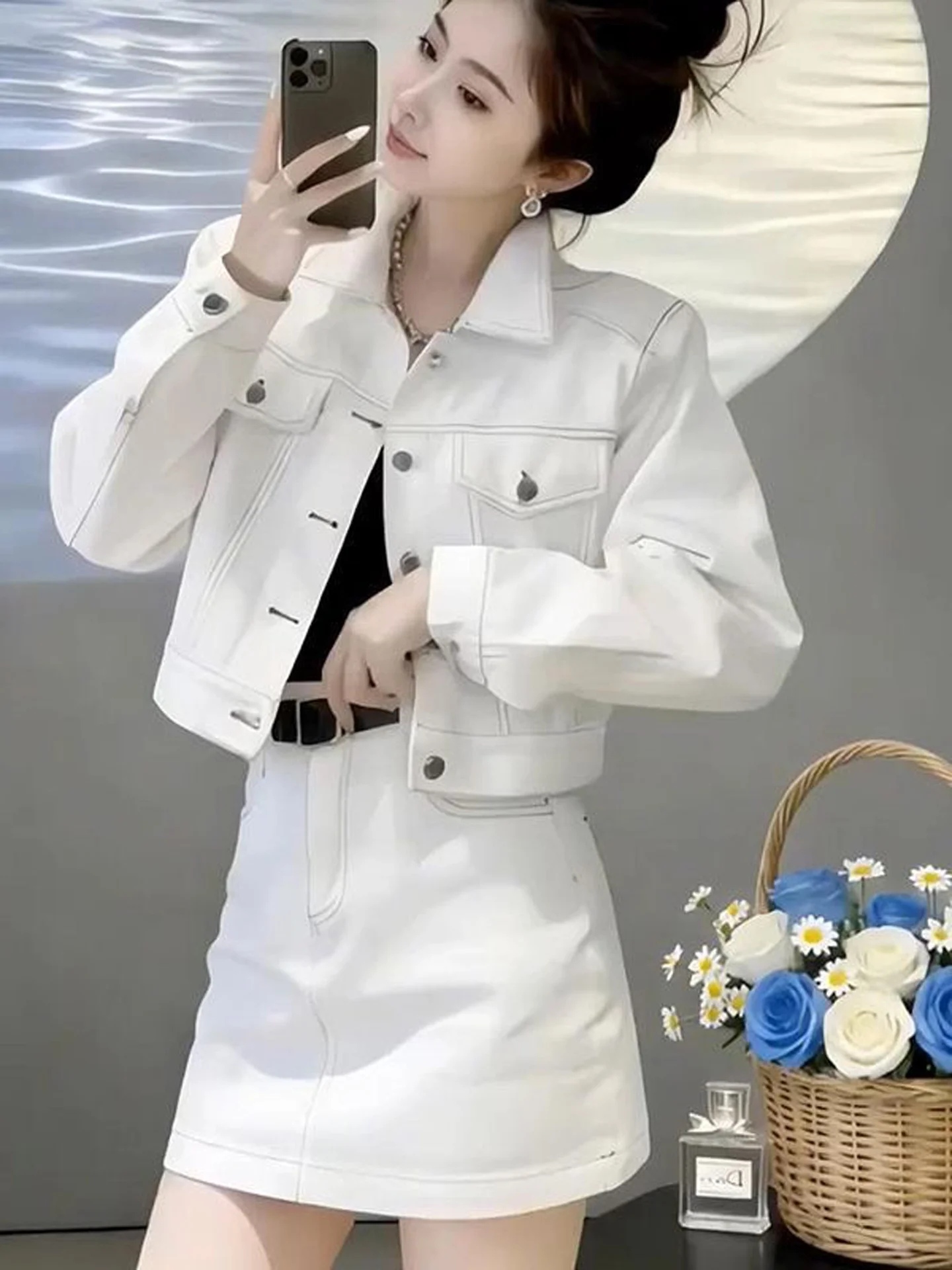 Slimming Short Collar Jacket And High Waist Skirt Two Piece Set Women's Fashion Autumn New Arrival Contrast Color Stitching D...