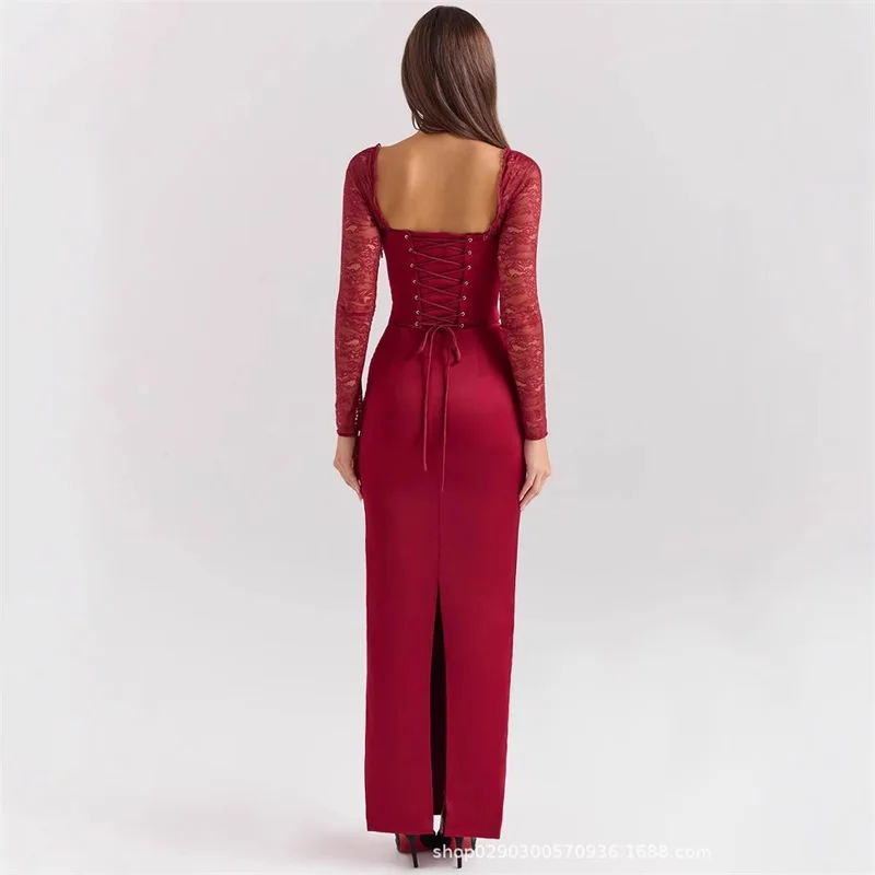 Sexy Red Lace Evening Dress Square Neck Full Sleeves Sheath Slim Bow Long Formal Casual Birthday Prom Dress Robe