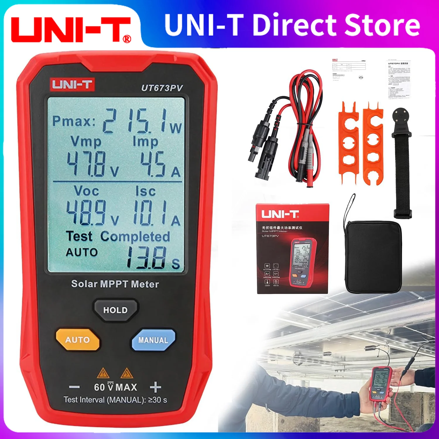 

UT673PV Solor MPPT Meter Photovoltaic Maximum Power Tester Peak Open Circuit Voltage Short Circuit Current Pmax Lmp Voc Lsc Test